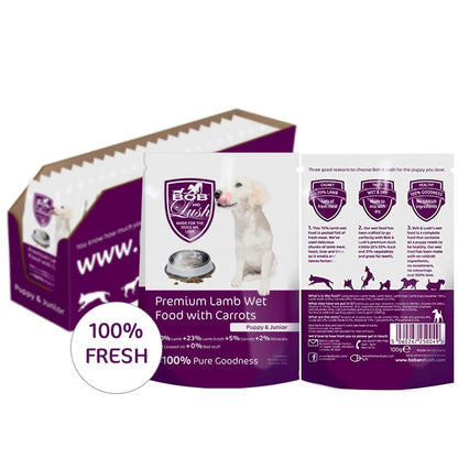 Bob & Lush Hypoallergenic Grain free Puppy & Junior Wet Dog Food in Pouches Premium 70% Lamb Wet Food with Carrots